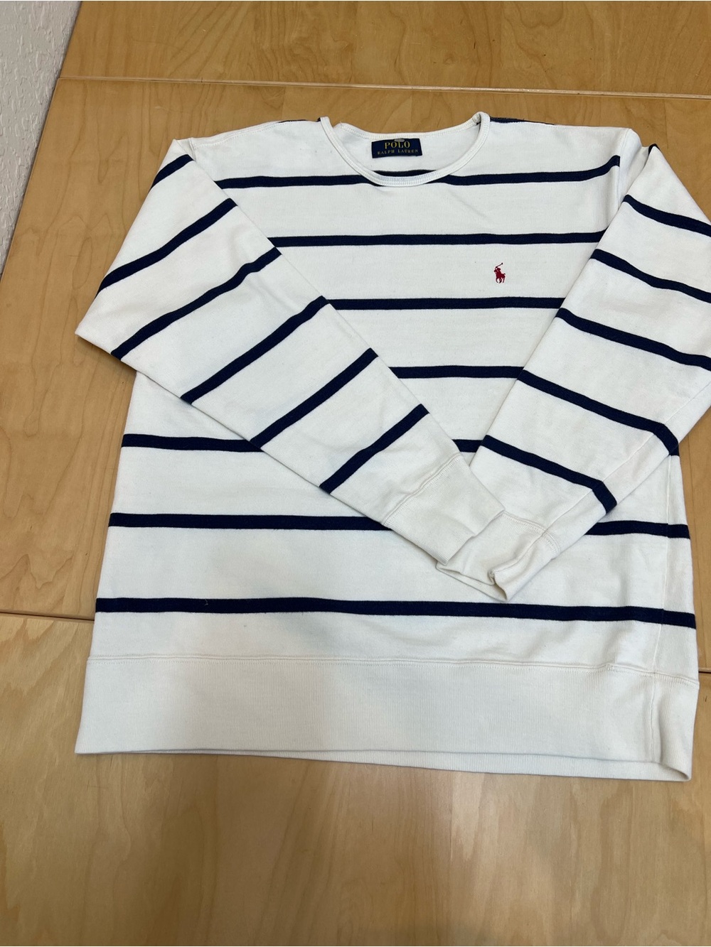 Ralph Lauren White Crewneck Sweater with Navy Stripes